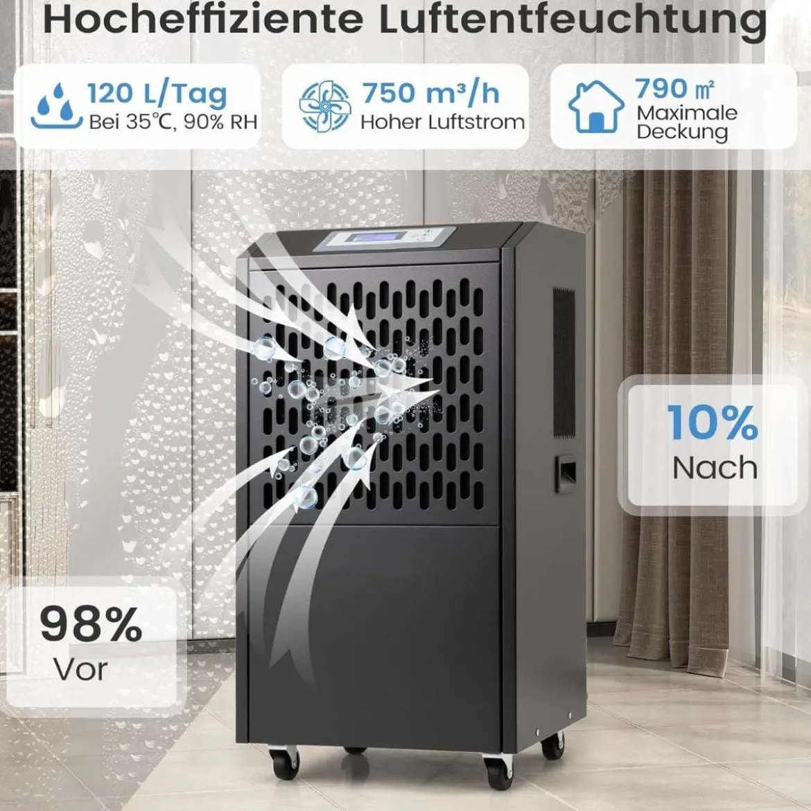 118L/T Elektrischer Bautrockner mit Ablaufschlauch & Timer Gewerbe Luftentfeuchter Schwarz