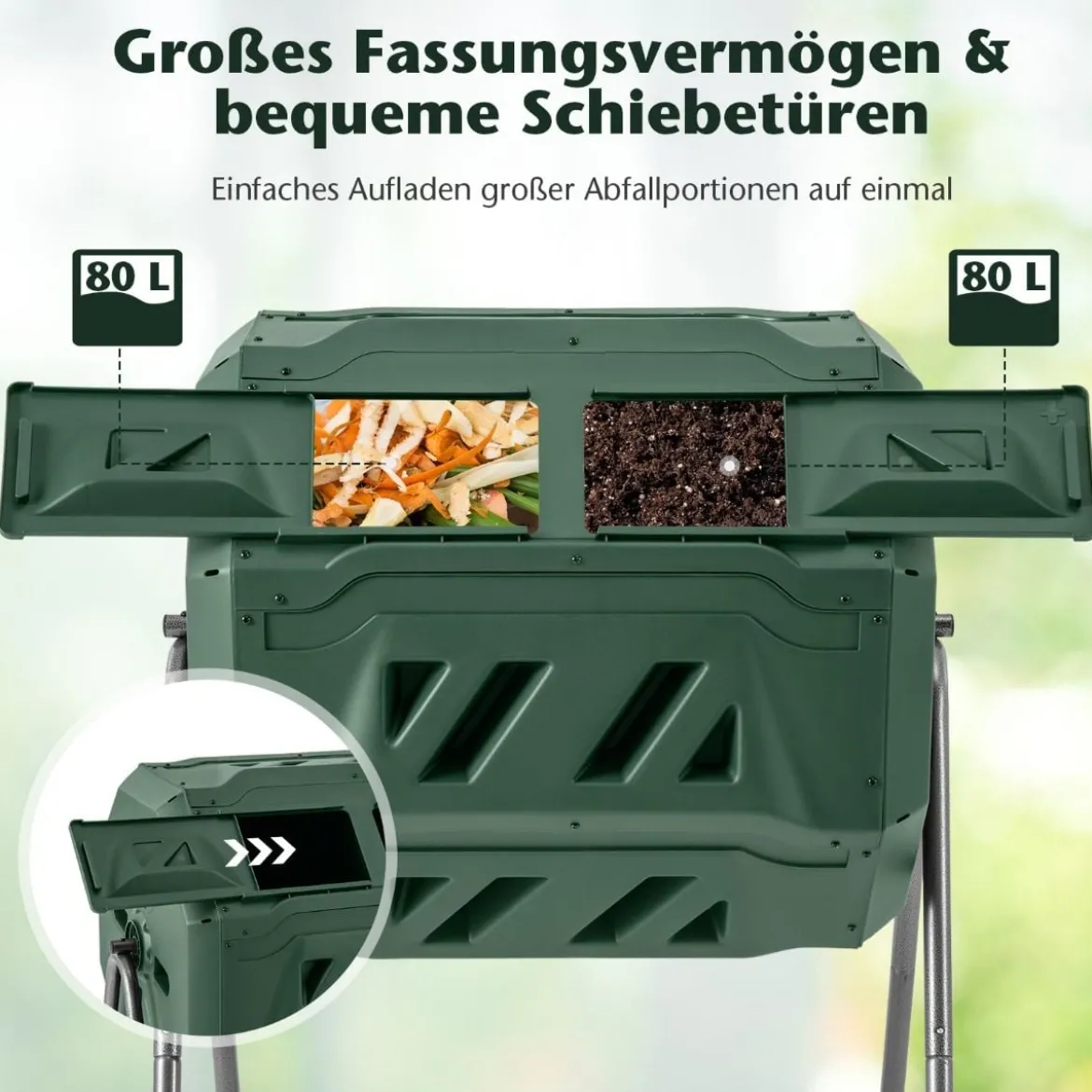 160L Trommel-Komposter Gartenkomposter Doppelkammer 360° drehbar 70 x 63 x 93 cm Grün