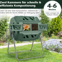 160L Trommel-Komposter Gartenkomposter Doppelkammer 360° drehbar 70 x 63 x 93 cm Grün