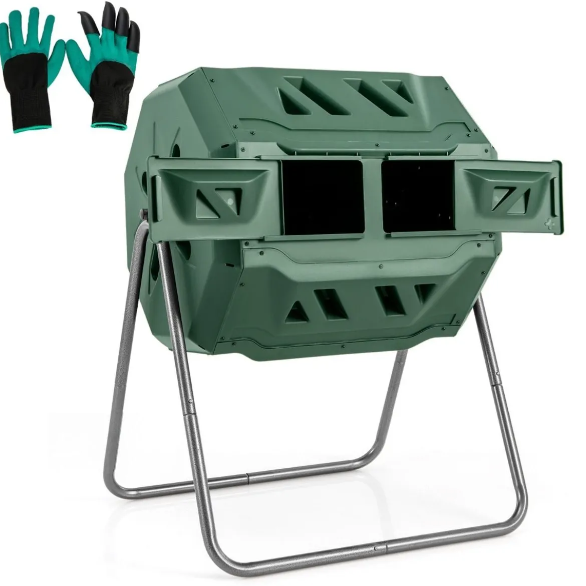 160L Trommel-Komposter Gartenkomposter Doppelkammer 360° drehbar 70 x 63 x 93 cm Grün