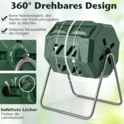 160L Trommel-Komposter Gartenkomposter Doppelkammer 360° drehbar 70 x 63 x 93 cm Grün