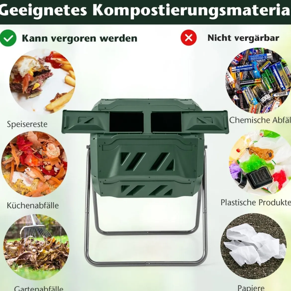 160L Trommel-Komposter Gartenkomposter Doppelkammer 360° drehbar 70 x 63 x 93 cm Grün