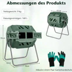 160L Trommel-Komposter Gartenkomposter Doppelkammer 360° drehbar 70 x 63 x 93 cm Grün