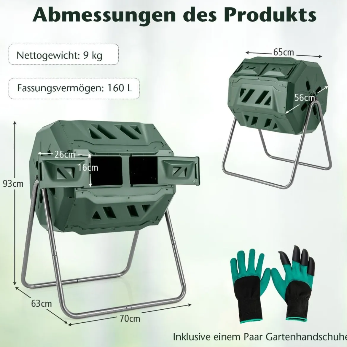 160L Trommel-Komposter Gartenkomposter Doppelkammer 360° drehbar 70 x 63 x 93 cm Grün