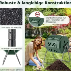 160L Trommel-Komposter Gartenkomposter Doppelkammer 360° drehbar 70 x 63 x 93 cm Grün