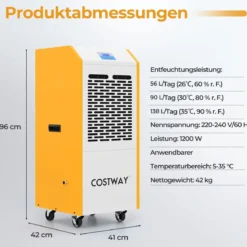 Luftentfeuchter 90L/Tag Bautrockner Kommerziell mit Pumpe Ablaufschlauch 4 Rädern 24H Timer