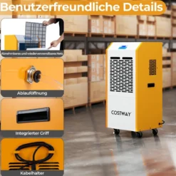 Luftentfeuchter 90L/Tag Bautrockner Kommerziell mit Pumpe Ablaufschlauch 4 Rädern 24H Timer
