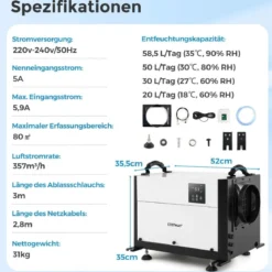 Luftentfeuchter mit 3 Modi & 24H Timer Bautrockner hängend & freistehend 2 in 1 20-58 L/Tag Blau/Weiß