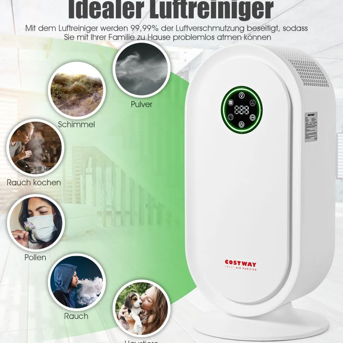 Luftreiniger HEPA-Filter Lufterfrischer Luftqualitätsmonitor Premium-Aktivkohlefilte Weiß 30 x 18 x 60 cm