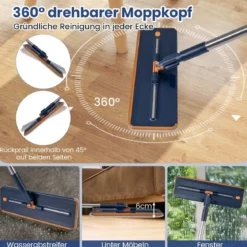 2,4L Wischmopp & Eimersystem mit Auswringfunktion mit 6er Set Wiederverwendbare Mikrofaser-Pads Blau