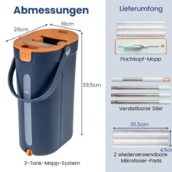 2,4L Wischmopp & Eimersystem mit Auswringfunktion & 2 Waschbaren Mikrofaser-Pads Navy Blau