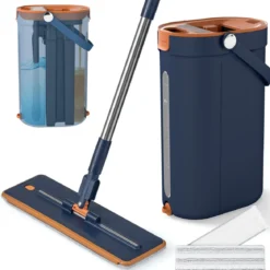 2,4L Wischmopp & Eimersystem mit Auswringfunktion & 2 Waschbaren Mikrofaser-Pads Navy Blau