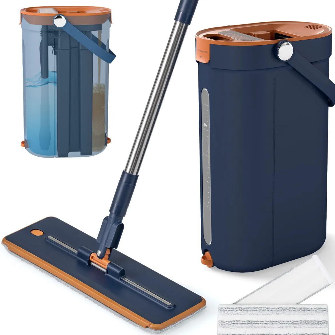 2,4L Wischmopp & Eimersystem mit Auswringfunktion & 2 Waschbaren Mikrofaser-Pads Navy Blau