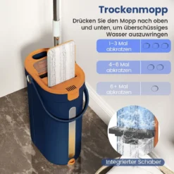 2,4L Wischmopp & Eimersystem mit Auswringfunktion & 2 Waschbaren Mikrofaser-Pads Navy Blau