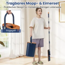2,4L Wischmopp & Eimersystem mit Auswringfunktion & 2 Waschbaren Mikrofaser-Pads Navy Blau