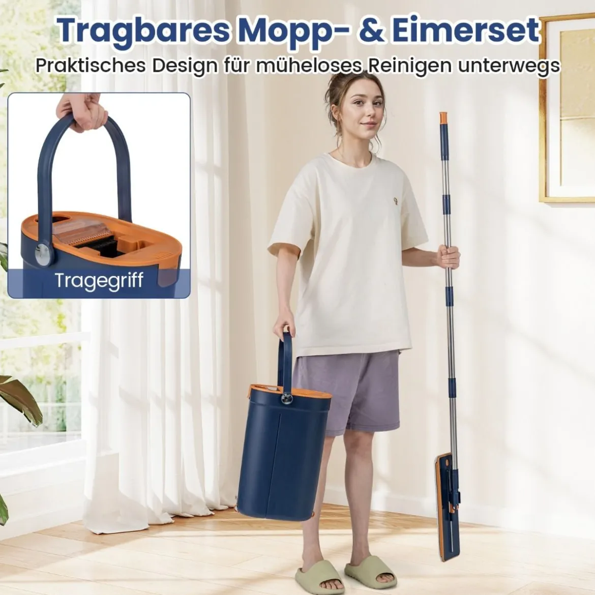 2,4L Wischmopp & Eimersystem mit Auswringfunktion & 2 Waschbaren Mikrofaser-Pads Navy Blau