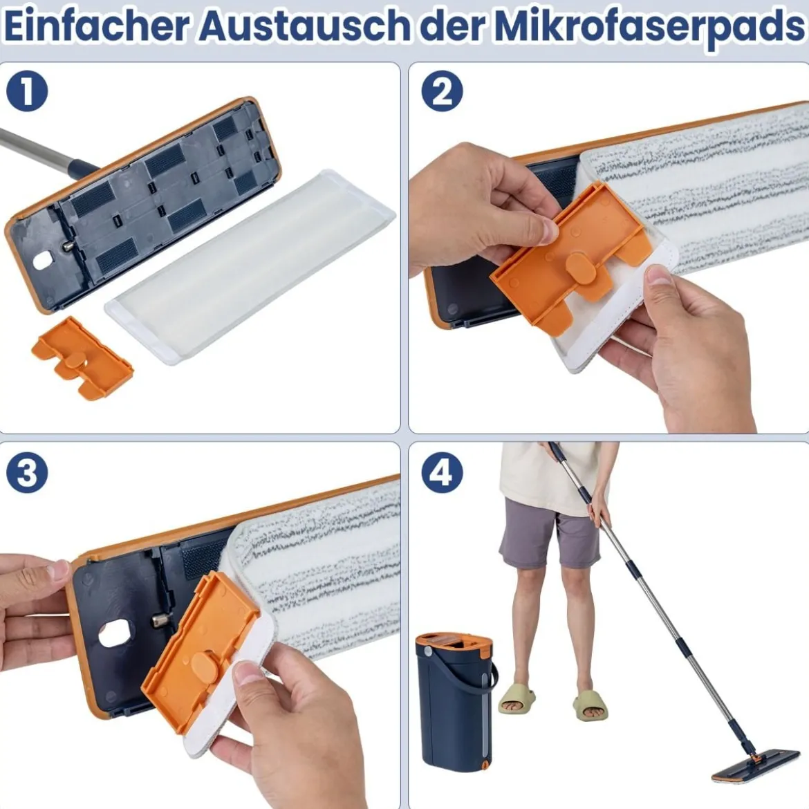 2,4L Wischmopp & Eimersystem mit Auswringfunktion & 2 Waschbaren Mikrofaser-Pads Navy Blau