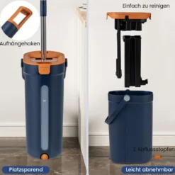 2,4L Wischmopp & Eimersystem mit Auswringfunktion & 2 Waschbaren Mikrofaser-Pads Navy Blau
