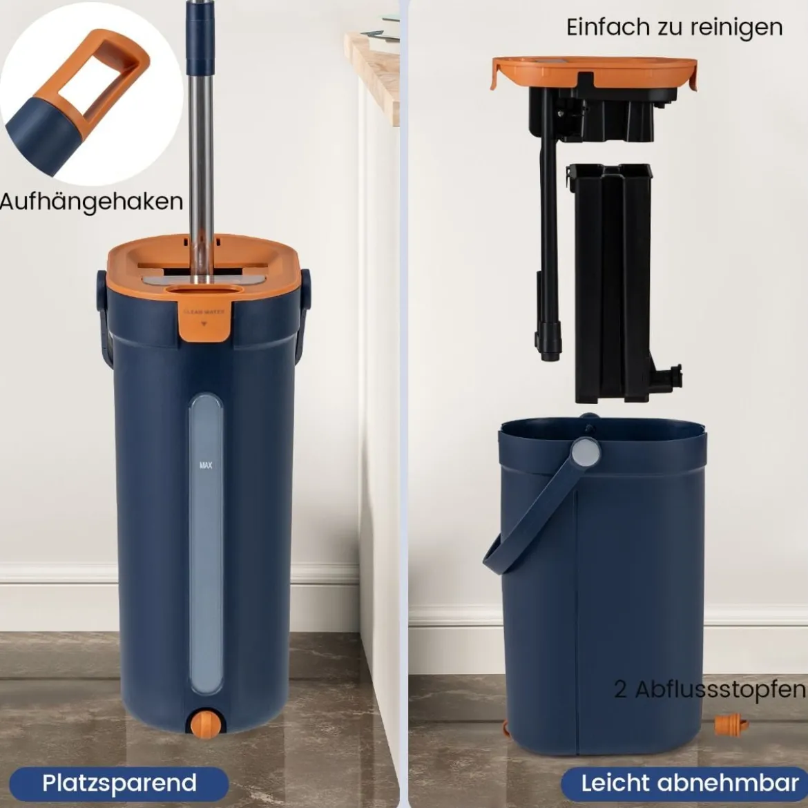 2,4L Wischmopp & Eimersystem mit Auswringfunktion & 2 Waschbaren Mikrofaser-Pads Navy Blau