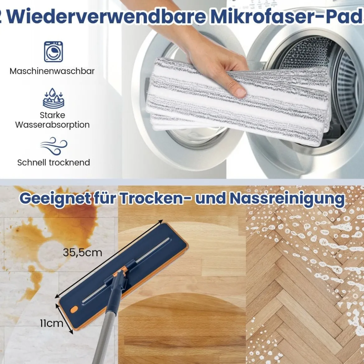 2,4L Wischmopp & Eimersystem mit Auswringfunktion & 2 Waschbaren Mikrofaser-Pads Navy Blau