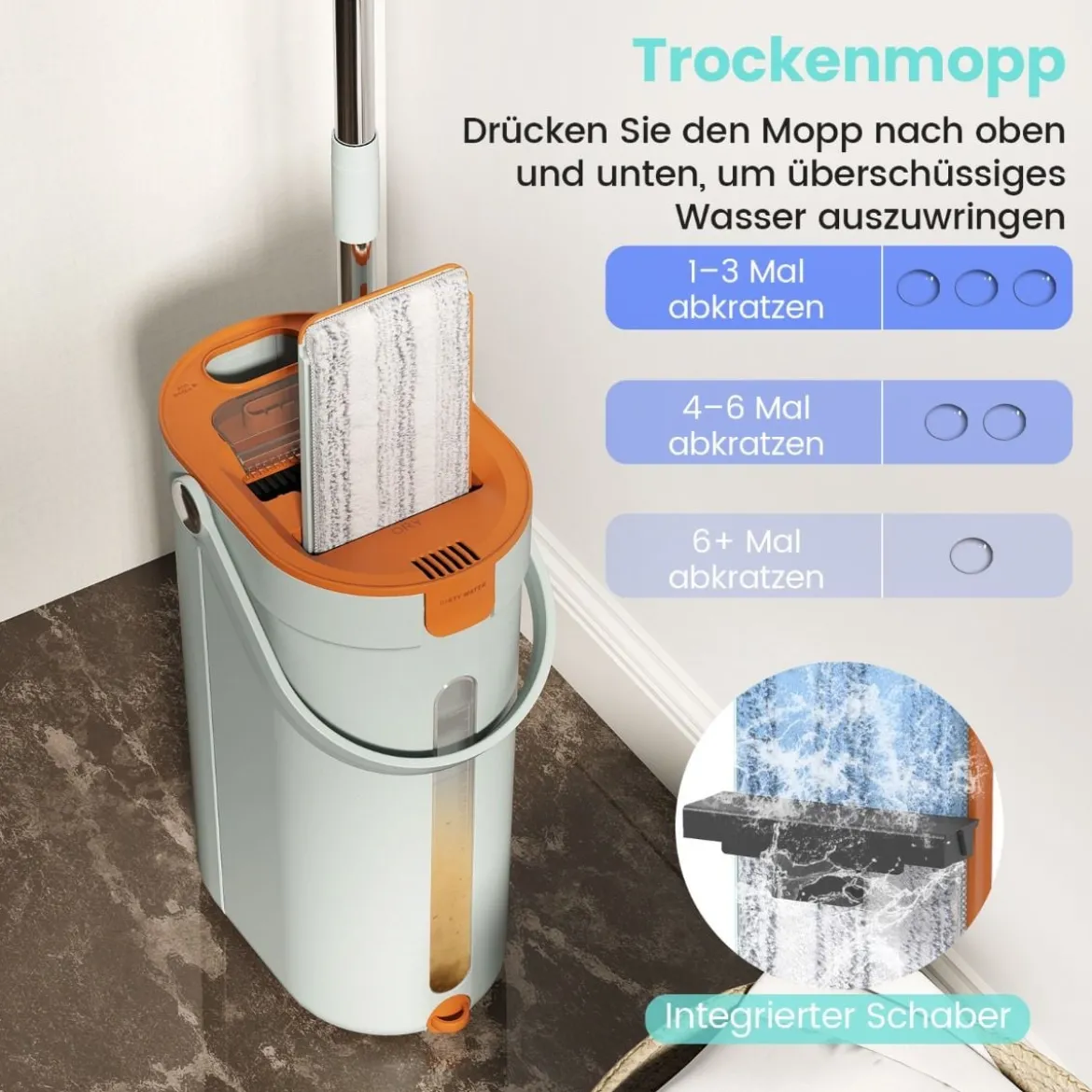 2,4L Wischmopp & Eimersystem mit Auswringfunktion & 2 Waschbaren Mikrofaser-Pads Grün