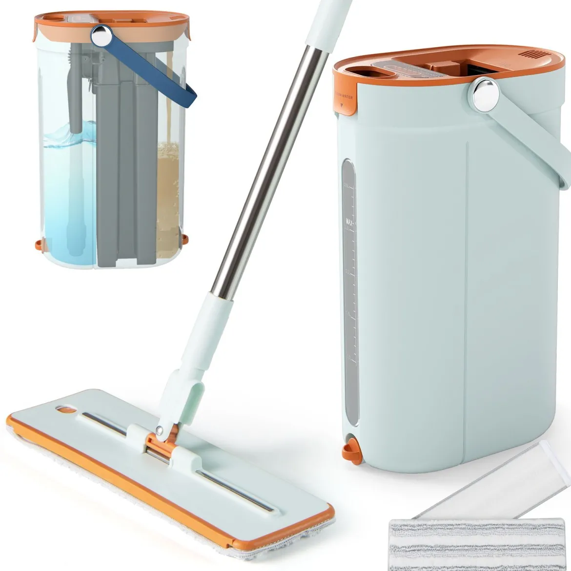 2,4L Wischmopp & Eimersystem mit Auswringfunktion & 2 Waschbaren Mikrofaser-Pads Grün