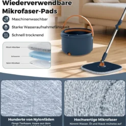4L Wischmopp & Eimersystem mit Wringer & 360° Drehkopf Flacher Bodenwischmopp Blau