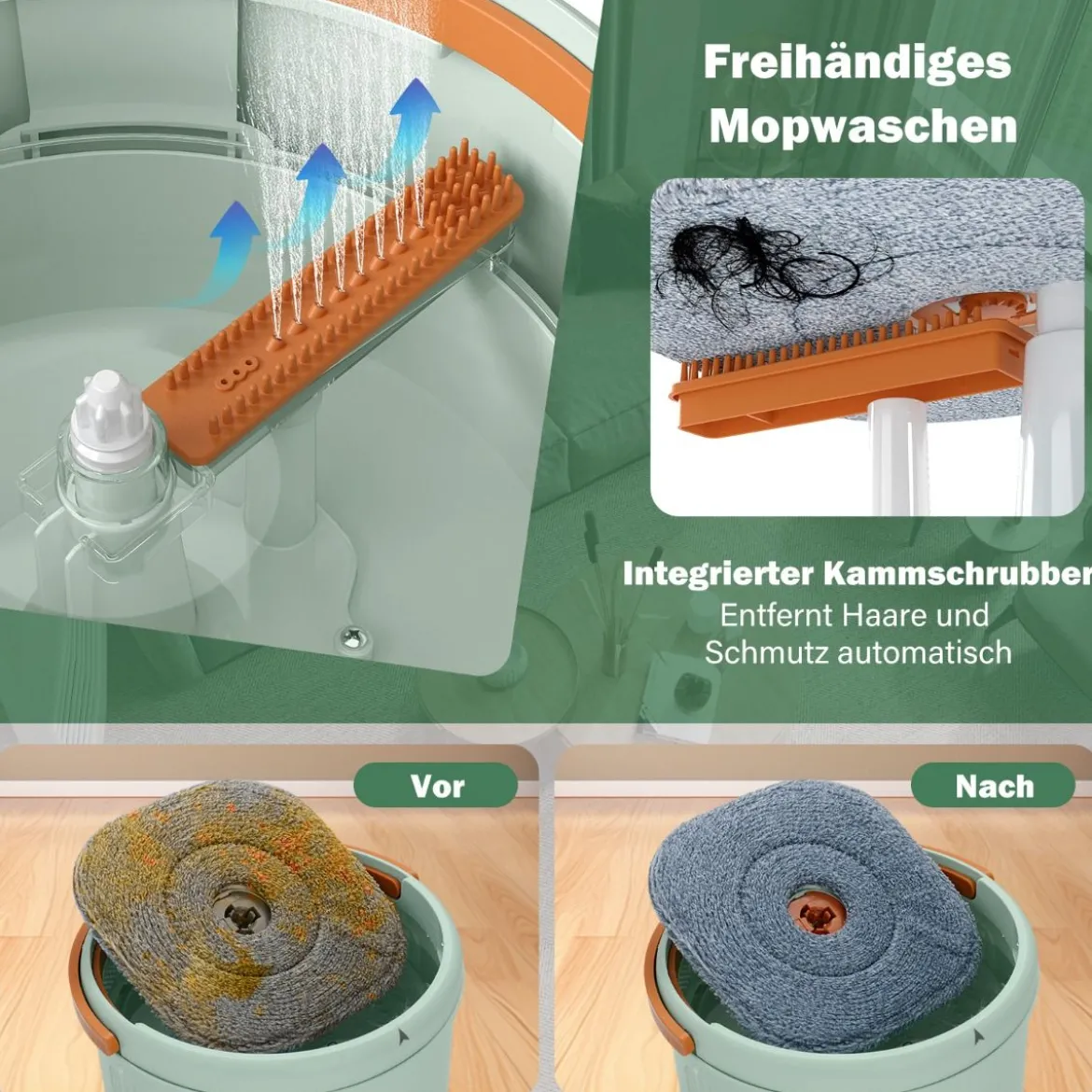 4L Wischmopp & Eimersystem mit Wringer & 360° Drehkopf Flacher Bodenwischmopp Grün