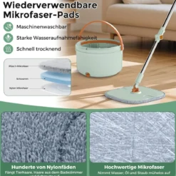 4L Wischmopp & Eimersystem mit Wringer & 360° Drehkopf Flacher Bodenwischmopp Grün
