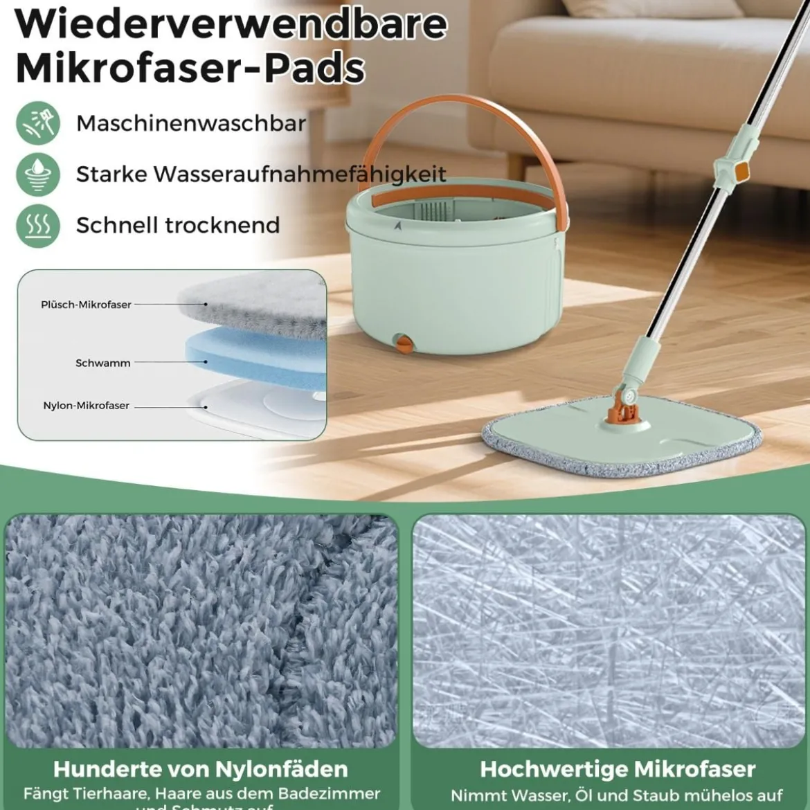 4L Wischmopp & Eimersystem mit Wringer & 360° Drehkopf Flacher Bodenwischmopp Grün