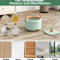 4L Wischmopp & Eimersystem mit Wringer & 360° Drehkopf Flacher Bodenwischmopp Grün