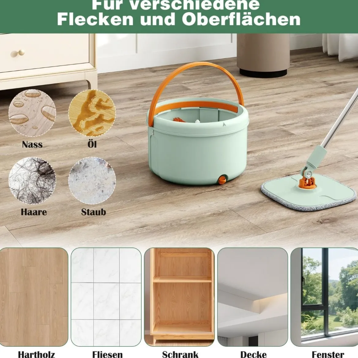 4L Wischmopp & Eimersystem mit Wringer & 360° Drehkopf Flacher Bodenwischmopp Grün