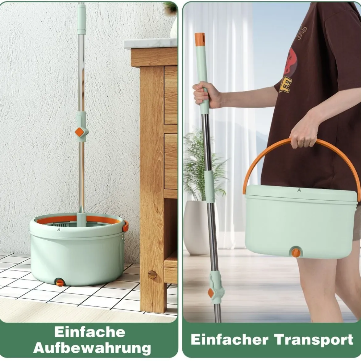 4L Wischmopp & Eimersystem mit Wringer & 360° Drehkopf Flacher Bodenwischmopp Grün