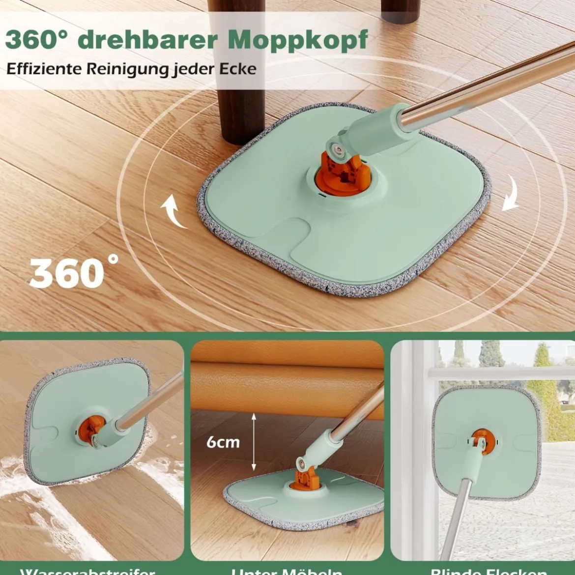 4L Wischmopp & Eimersystem mit Wringer & 360° Drehkopf Flacher Bodenwischmopp Grün