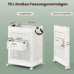 75L Wäschekorb auf Rädern Raumsparender Wäschesammler Aufbewahrungsbehälter Weiß