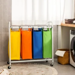 136L Wäschekörb mit 4 abnehmbaren 34L Wäschesack & Rädern 82 x 30 x 85 cm