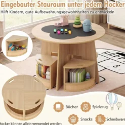 Maltisch für Kinderzimmer Kindertisch und Stuhl Set rund 5 teilige Kindersitzgruppe Natur