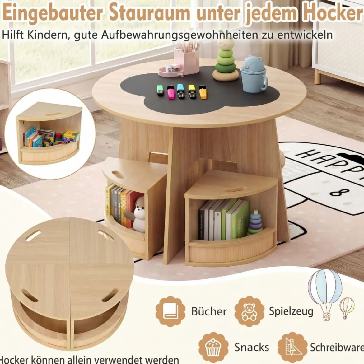 Maltisch für Kinderzimmer Kindertisch und Stuhl Set rund 5 teilige Kindersitzgruppe Natur