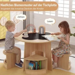 Maltisch für Kinderzimmer Kindertisch und Stuhl Set rund 5 teilige Kindersitzgruppe Natur
