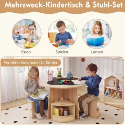 Maltisch für Kinderzimmer Kindertisch und Stuhl Set rund 5 teilige Kindersitzgruppe Natur