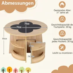 Maltisch für Kinderzimmer Kindertisch und Stuhl Set rund 5 teilige Kindersitzgruppe Natur