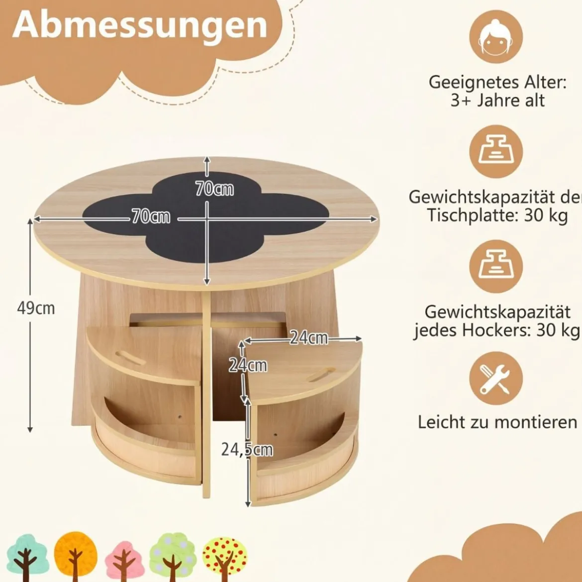 Maltisch für Kinderzimmer Kindertisch und Stuhl Set rund 5 teilige Kindersitzgruppe Natur