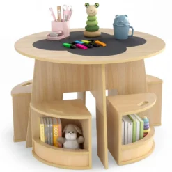 Maltisch für Kinderzimmer Kindertisch und Stuhl Set rund 5 teilige Kindersitzgruppe Natur