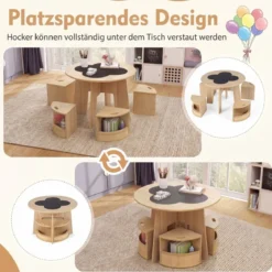 Maltisch für Kinderzimmer Kindertisch und Stuhl Set rund 5 teilige Kindersitzgruppe Natur