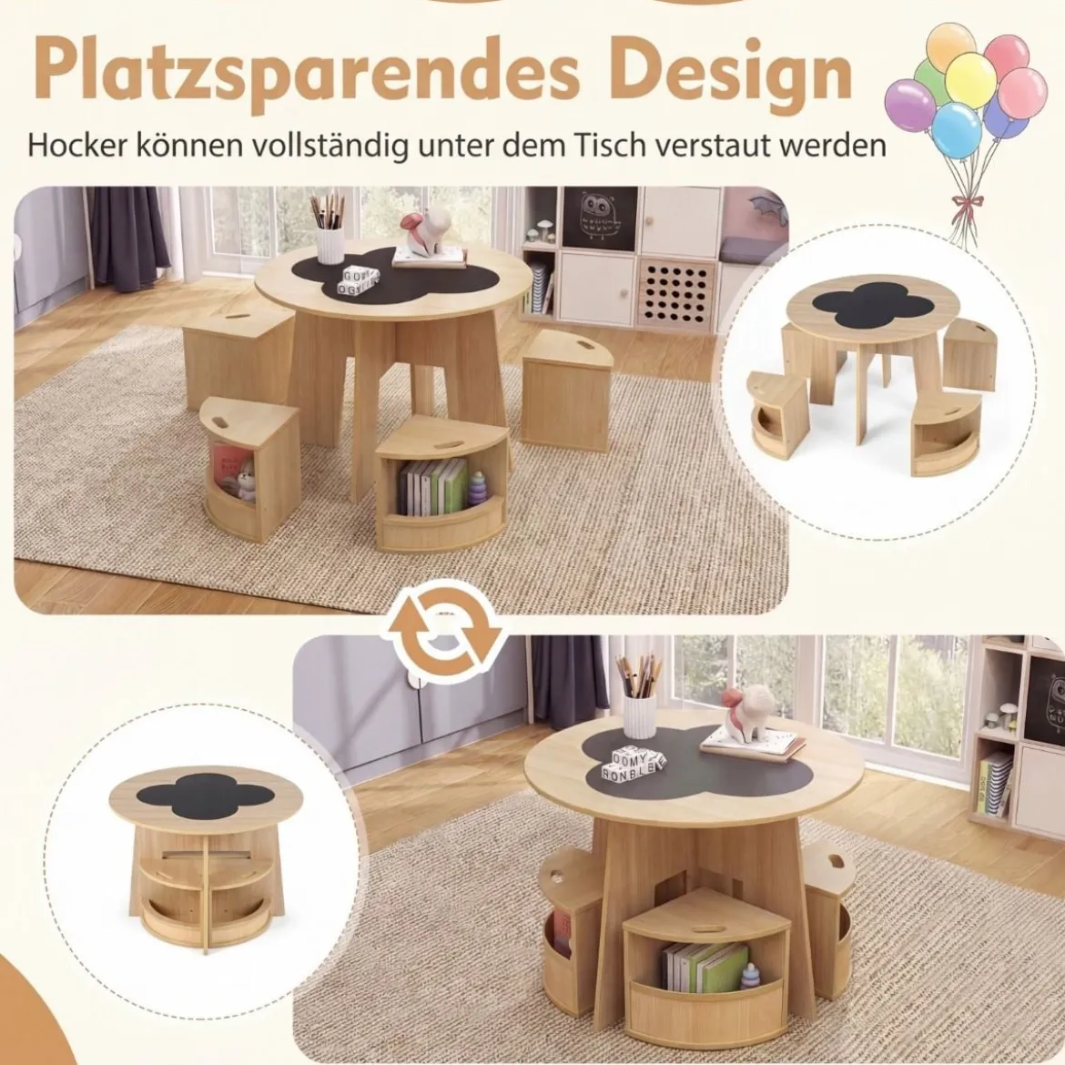 Maltisch für Kinderzimmer Kindertisch und Stuhl Set rund 5 teilige Kindersitzgruppe Natur
