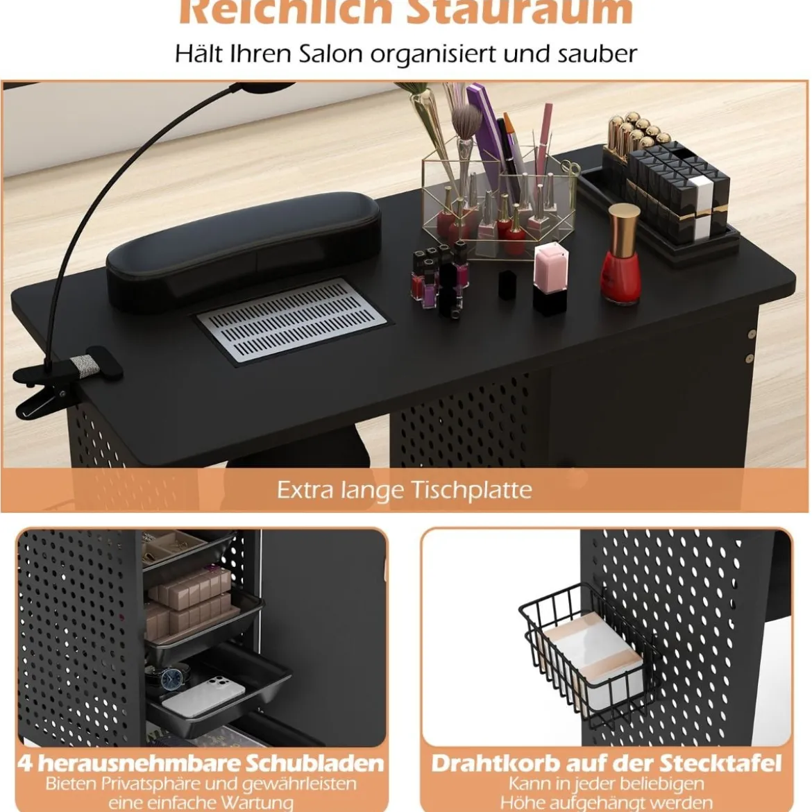 Manikürtisch mit 6 Rädern Nageltechniker Schreibtisch mit Staubbeuteln & Abzugsventilator
