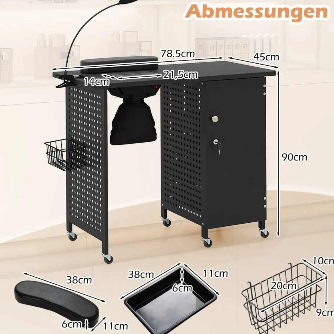 Manikürtisch mit 6 Rädern Nageltechniker Schreibtisch mit Staubbeuteln & Abzugsventilator