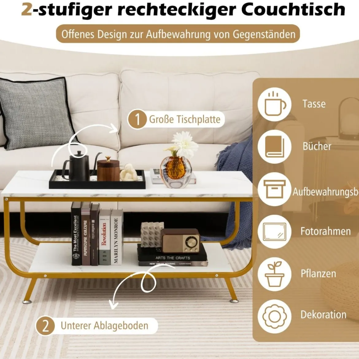 Marmor Couchtisch Rechteckiger Couchtisch mit 2 Ebenen 105 x 55 x 46,5 cm Weiß