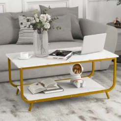 Marmor Couchtisch Rechteckiger Couchtisch mit 2 Ebenen 105 x 55 x 46,5 cm Weiß