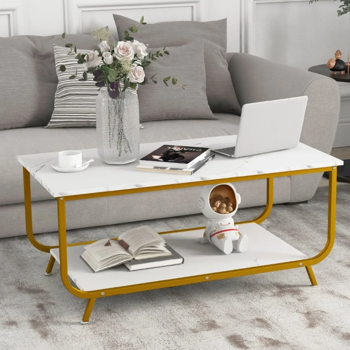 Marmor Couchtisch Rechteckiger Couchtisch mit 2 Ebenen 105 x 55 x 46,5 cm Weiß